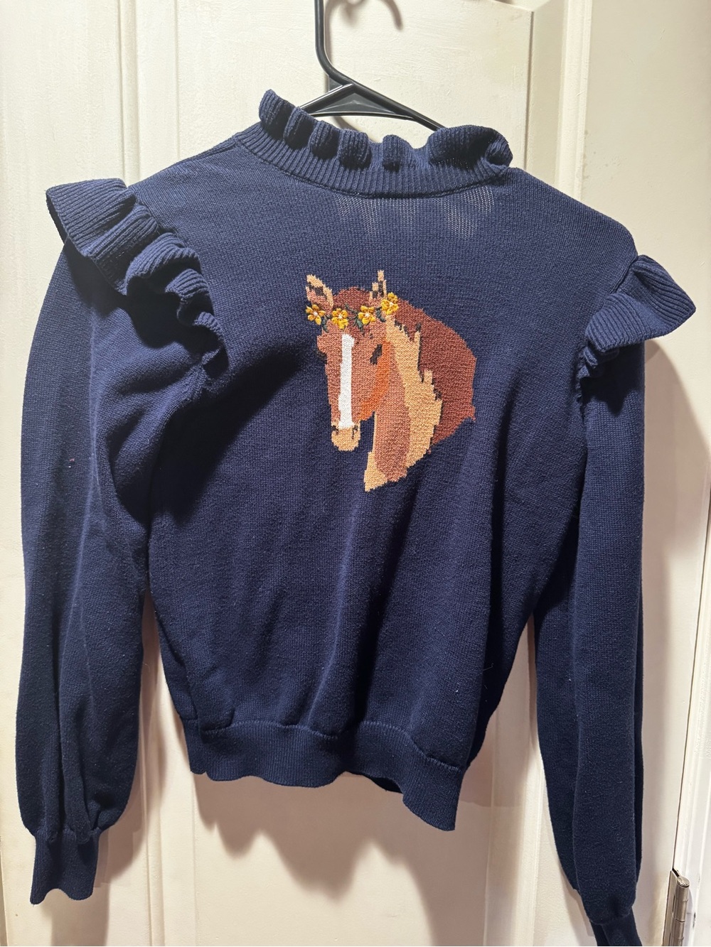 Janie and Jack Navy Sweater with Floral Horse Intarsia